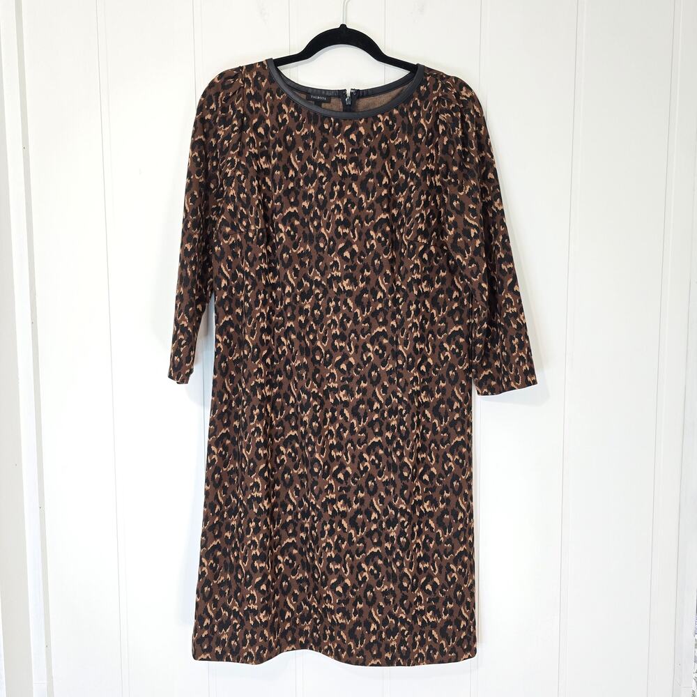 Talbots Faux Leather Trim A Line Dress Fall Leopard